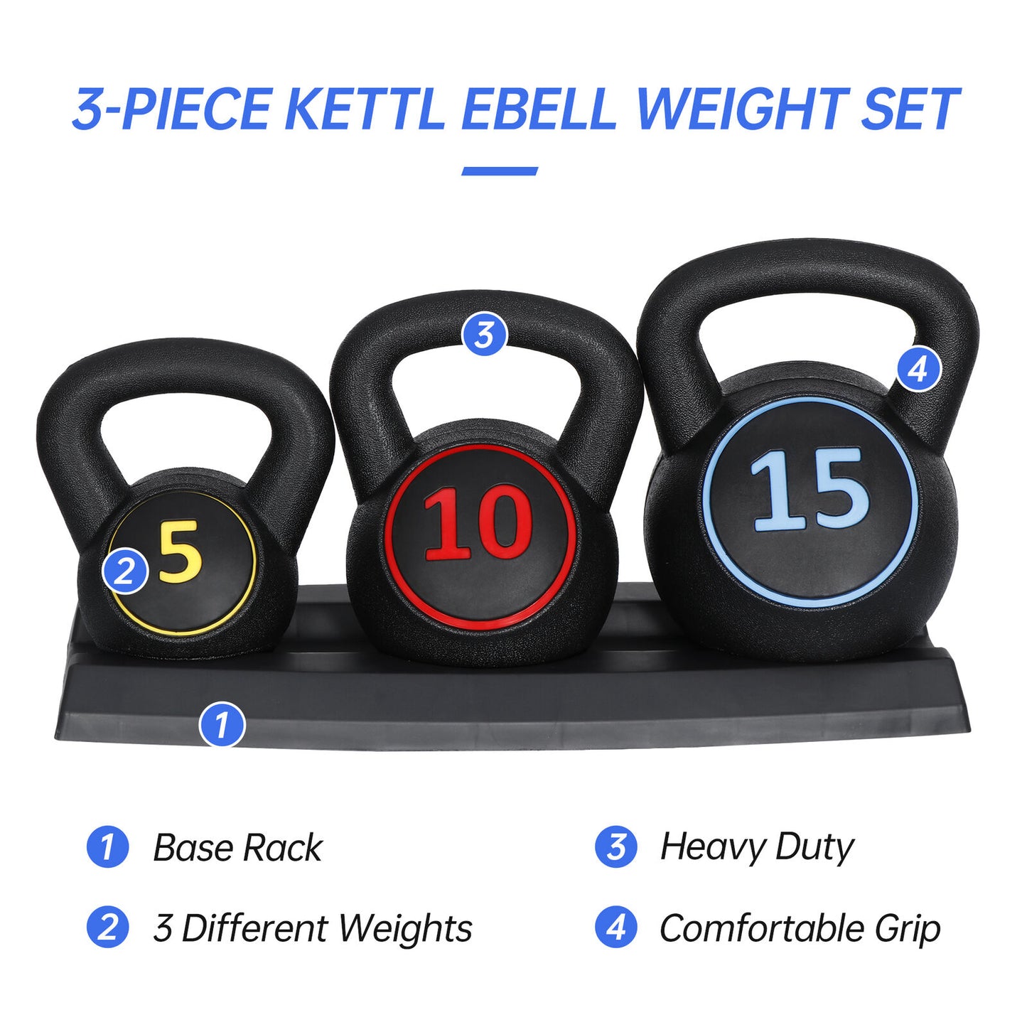 3-Piece Kettlebell Set with Storage Rack 5Lb 10Lb 15Lb Weight for Home Gym