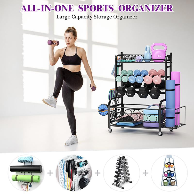 Weight Rack for Dumbbells,Home Gym Storage Rack for Yoga Mat Kettlebells and Strength Training Equipment,Weight Storage Holder Rack for Dumbbells with Wheels Adjustable