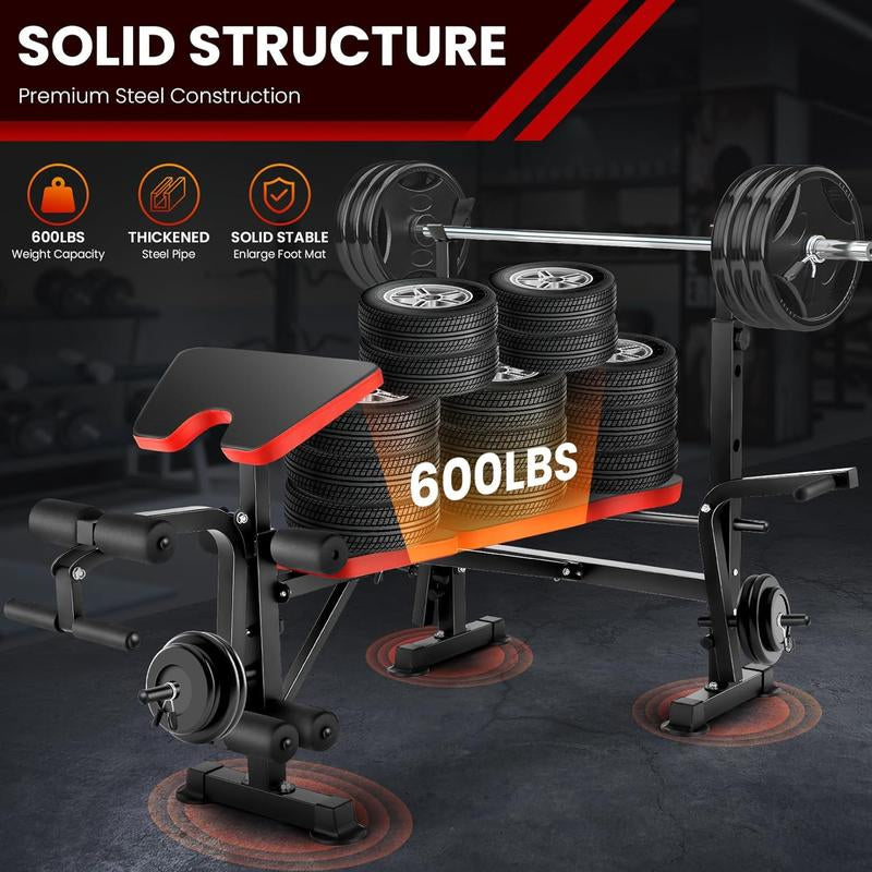 600Lbs Adjustable Olympic Weight Bench Set with Preacher Curl and Leg Developer - Multifunctional Incline Bench Press for Full Body Workouts