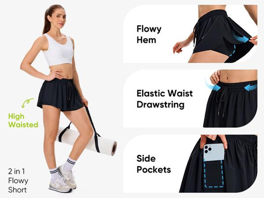 2 in 1 Flowy Sports Shorts for Women Gym Yoga Athletic Running Workout Biker Shorts Tennis Golf Skort Skirt Cute Clothes Casual Lounge Sweat Skirt Summer