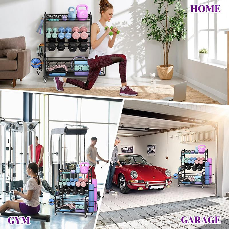 Weight Rack for Dumbbells,Home Gym Storage Rack for Yoga Mat Kettlebells and Strength Training Equipment,Weight Storage Holder Rack for Dumbbells with Wheels Adjustable