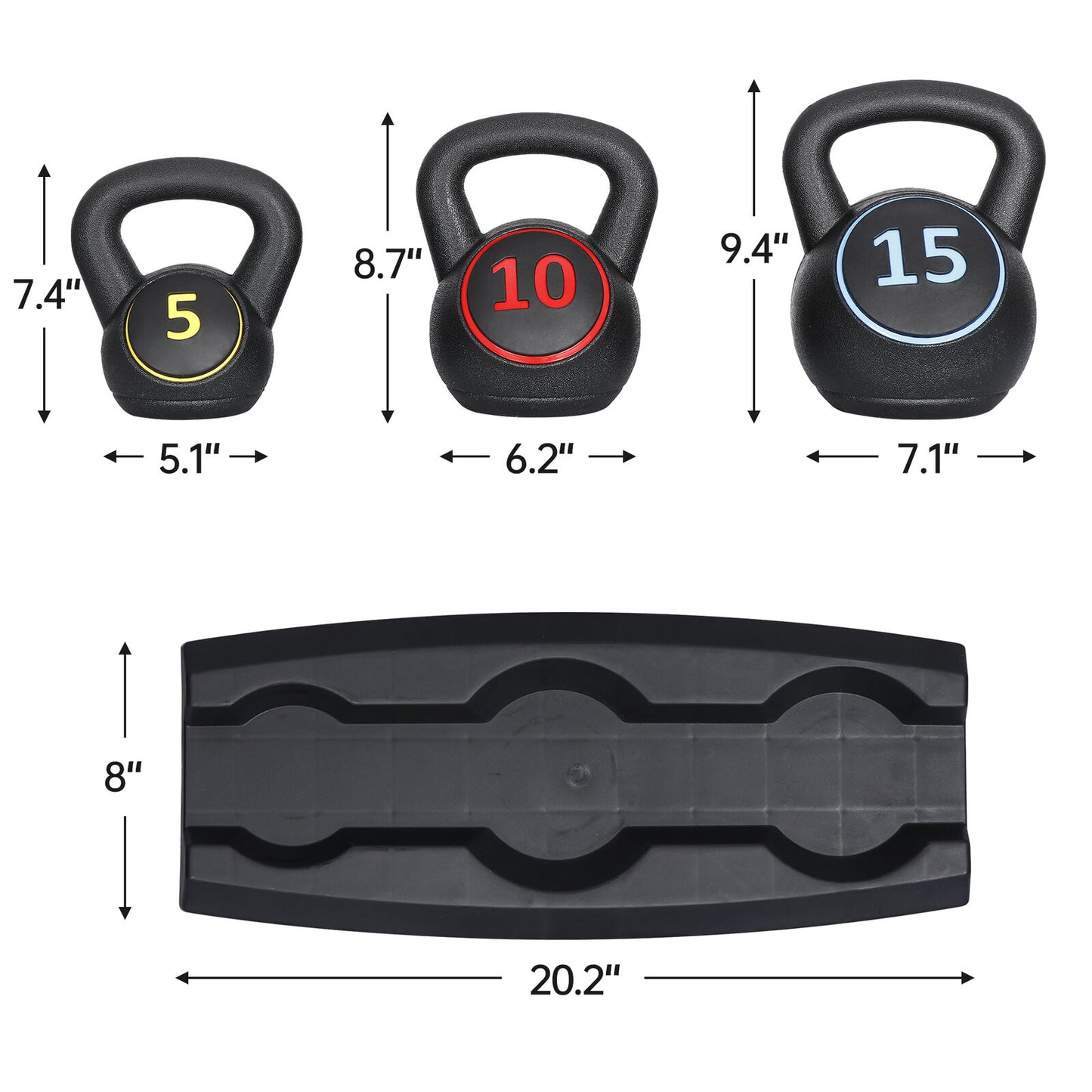 3-Piece Kettlebell Set with Storage Rack 5Lb 10Lb 15Lb Weight for Home Gym