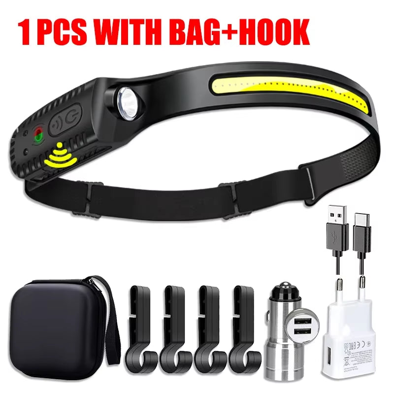 USB Rechargeable LED Sensor Headlamp XPE+COB Headlight Led Head Torch Outdoors Camping Search Light Head Flashlight for Running Walking
