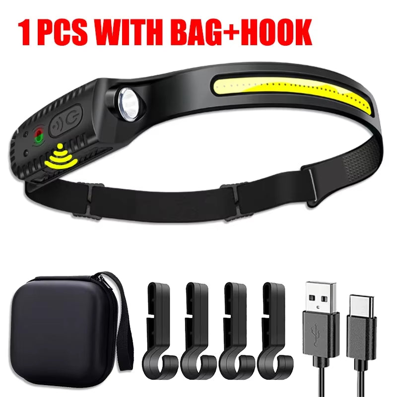 USB Rechargeable LED Sensor Headlamp XPE+COB Headlight Led Head Torch Outdoors Camping Search Light Head Flashlight for Running Walking