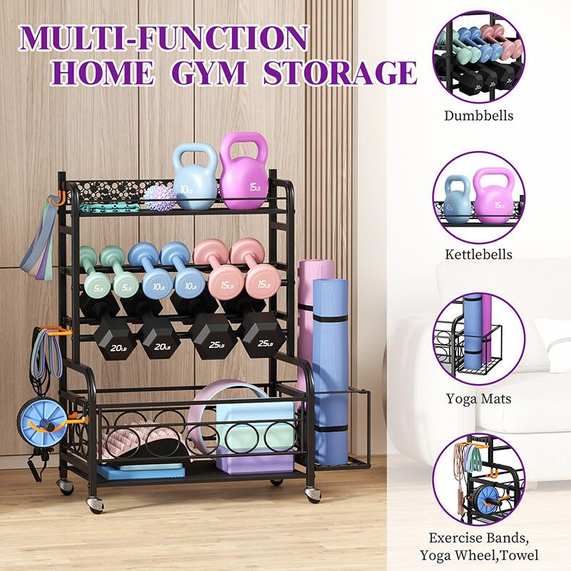 Weight Rack for Dumbbells,Home Gym Storage Rack for Yoga Mat Kettlebells and Strength Training Equipment,Weight Storage Holder Rack for Dumbbells with Wheels Adjustable