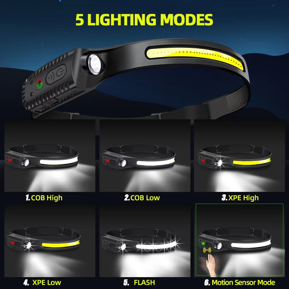 USB Rechargeable LED Sensor Headlamp XPE+COB Headlight Led Head Torch Outdoors Camping Search Light Head Flashlight for Running Walking