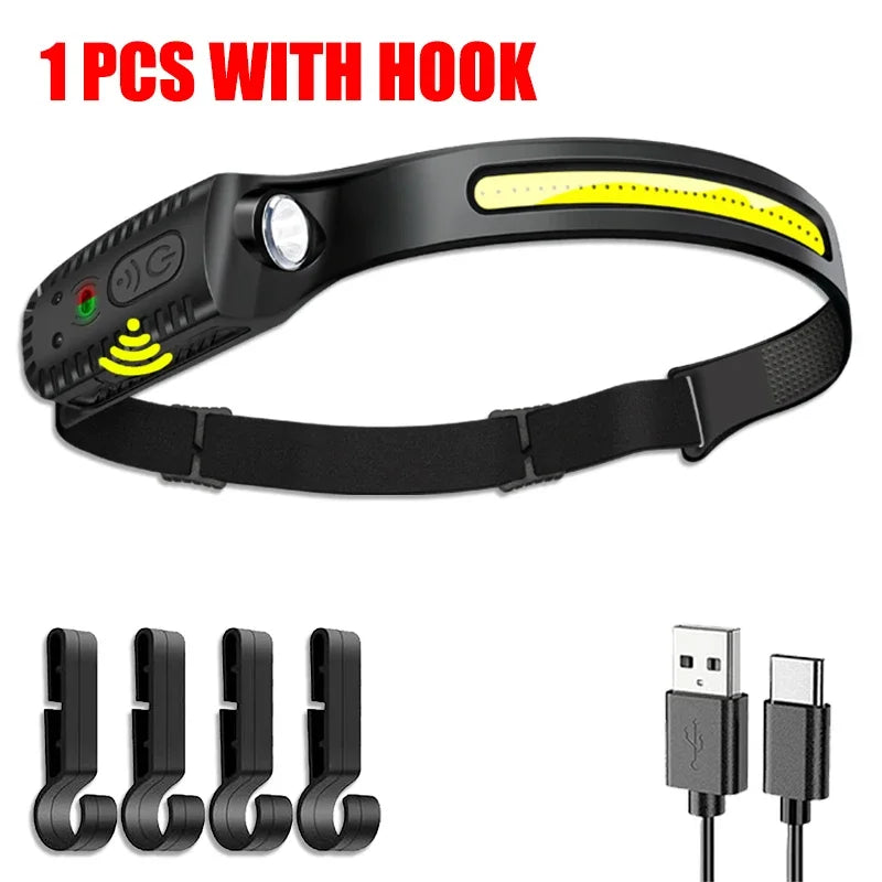 USB Rechargeable LED Sensor Headlamp XPE+COB Headlight Led Head Torch Outdoors Camping Search Light Head Flashlight for Running Walking