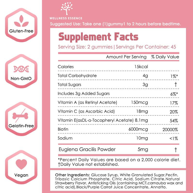 Women’S Biotin 6000Mcg Gummies - Hair Growth, Glowing Skin, Vegan, Strawberry Flavor, 90Ct, Natural Multivitamin Gummy for Health & Beauty