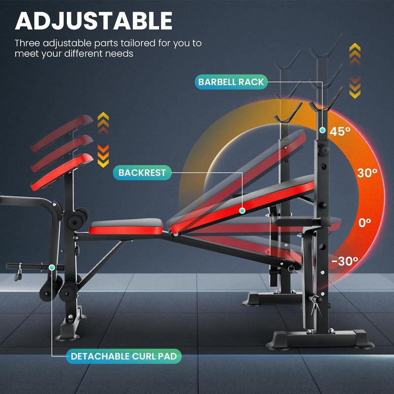 600Lbs Adjustable Olympic Weight Bench Set with Preacher Curl and Leg Developer - Multifunctional Incline Bench Press for Full Body Workouts