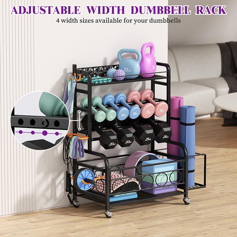 Weight Rack for Dumbbells,Home Gym Storage Rack for Yoga Mat Kettlebells and Strength Training Equipment,Weight Storage Holder Rack for Dumbbells with Wheels Adjustable