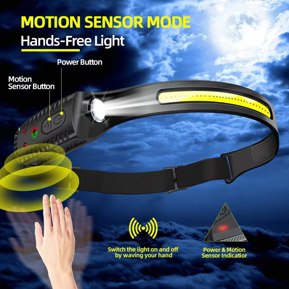 USB Rechargeable LED Sensor Headlamp XPE+COB Headlight Led Head Torch Outdoors Camping Search Light Head Flashlight for Running Walking