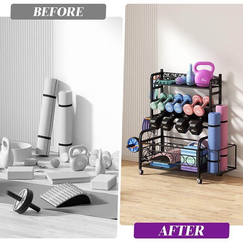 Weight Rack for Dumbbells,Home Gym Storage Rack for Yoga Mat Kettlebells and Strength Training Equipment,Weight Storage Holder Rack for Dumbbells with Wheels Adjustable