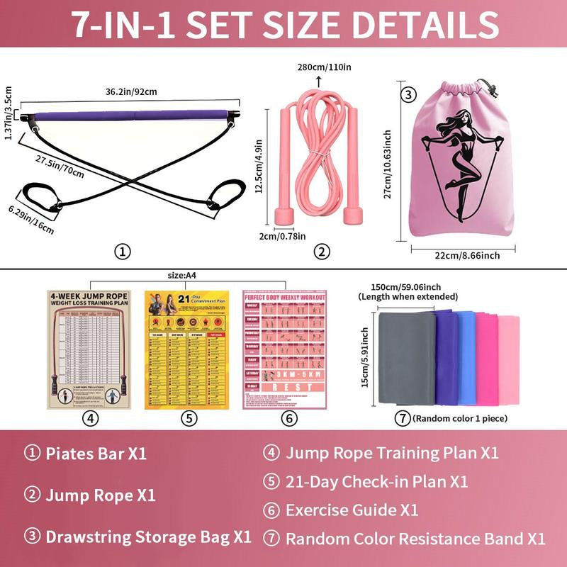 Portable Pilates Bar Kit, 7 Counts/Set Pilates Bar & Jump Rope & Resistance Band & Storage Bag & Training Guide & Training Chart, Multifunctional Home Gym Kit
