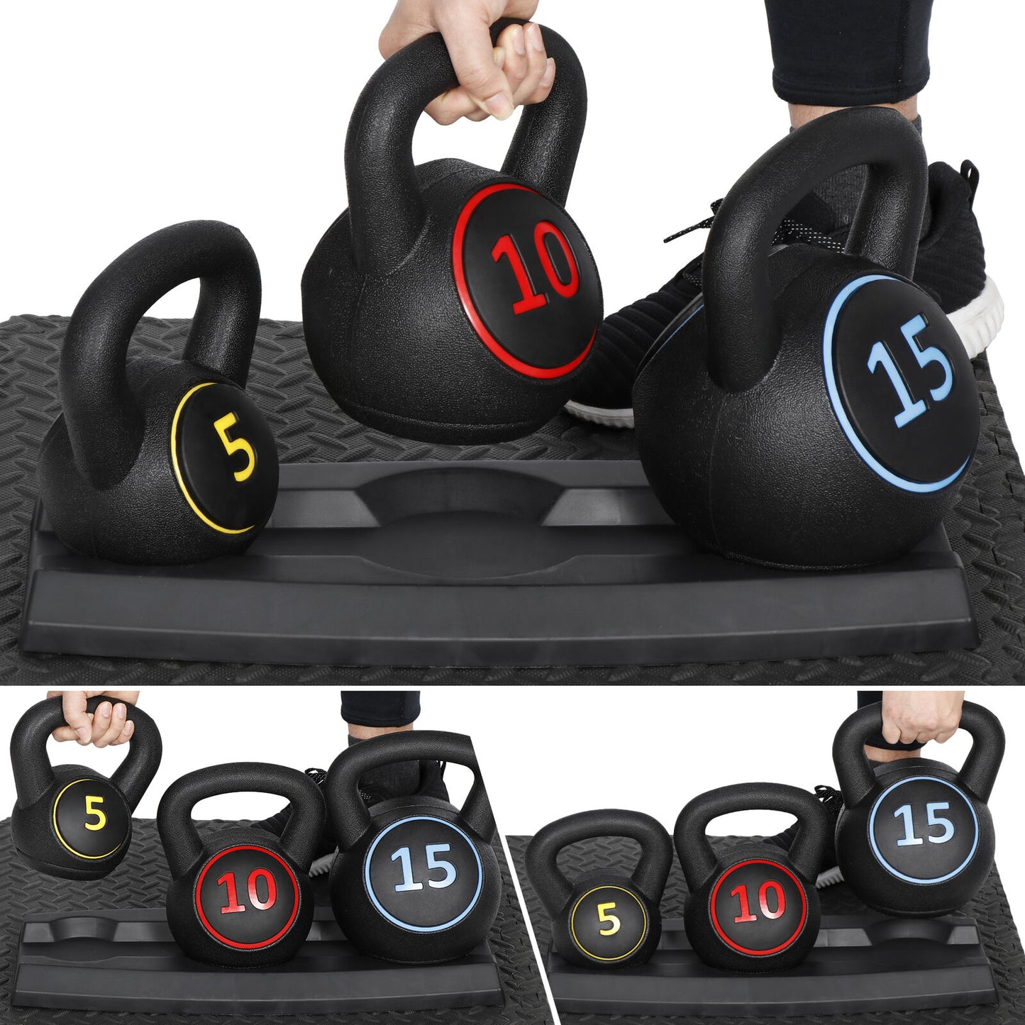 3-Piece Kettlebell Set with Storage Rack 5Lb 10Lb 15Lb Weight for Home Gym