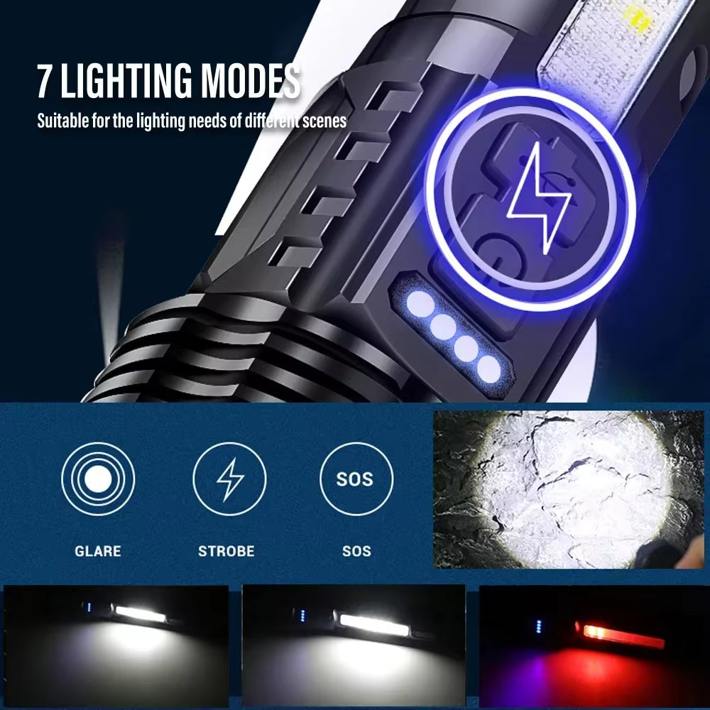 Powerful XHP50 LED Flashlight Waterproof 18650 Torch with Side Light 7 Modes Camping Outdoors Lantern USB Rechargeable Zoom Lamp