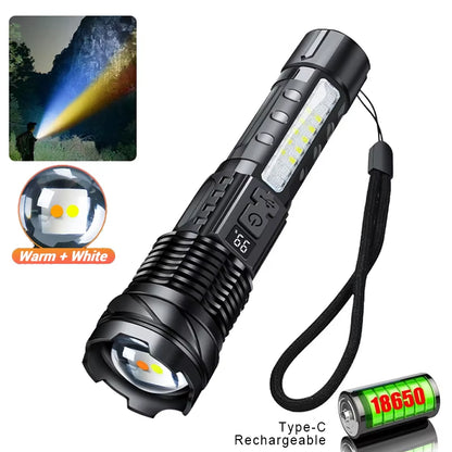 Powerful XHP50 LED Flashlight Waterproof 18650 Torch with Side Light 7 Modes Camping Outdoors Lantern USB Rechargeable Zoom Lamp