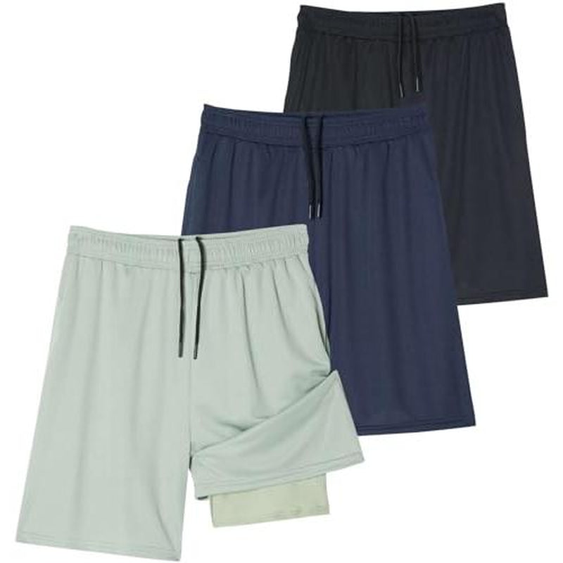 Real Essentials Men's 2-in-1 Dry-Fit 7" Running Workout Gym Shorts with Compression Liner - 3 Pack (Big & Tall Available)