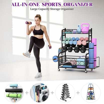 Weight Rack for Dumbbells,Home Gym Storage Rack for Yoga Mat Kettlebells and Strength Training Equipment,Weight Storage Holder Rack for Dumbbells with Wheels Adjustable