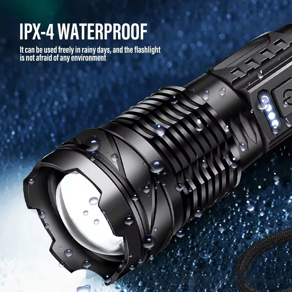 Powerful XHP50 LED Flashlight Waterproof 18650 Torch with Side Light 7 Modes Camping Outdoors Lantern USB Rechargeable Zoom Lamp