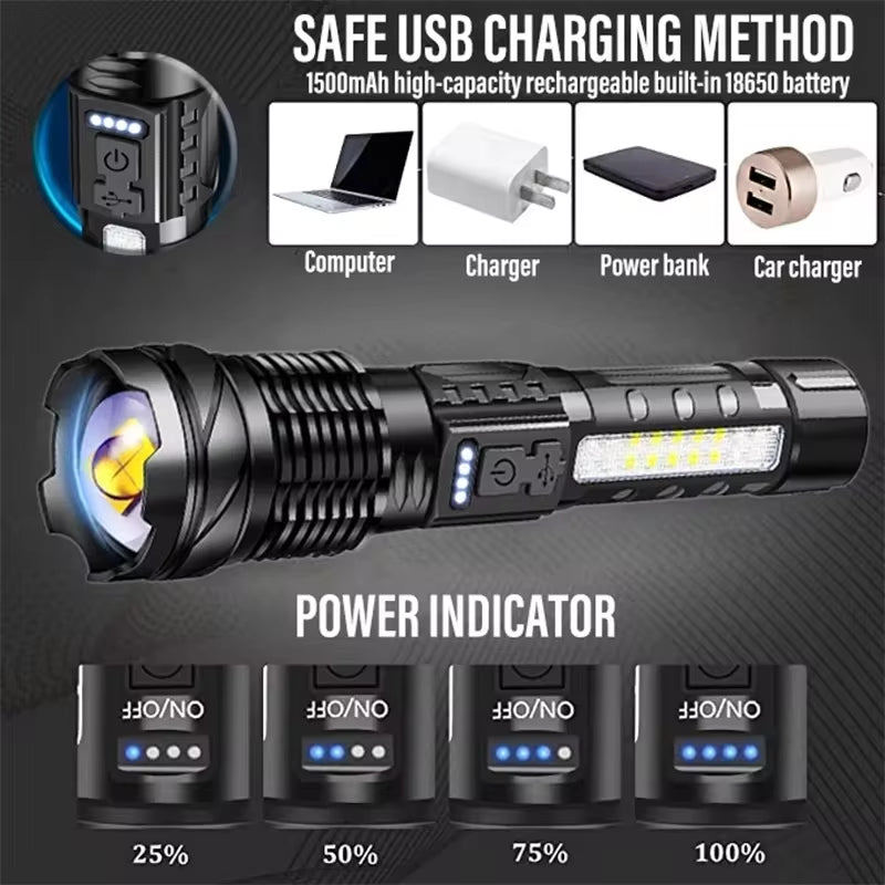 Powerful XHP50 LED Flashlight Waterproof 18650 Torch with Side Light 7 Modes Camping Outdoors Lantern USB Rechargeable Zoom Lamp