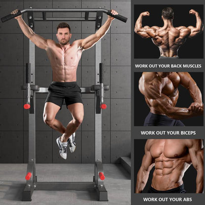 500 lb Capacity Adjustable Power Tower with Pull-Up Bar, Dip Stand, and 5-in-1 Strength Training Home Gym for All Skill Levels