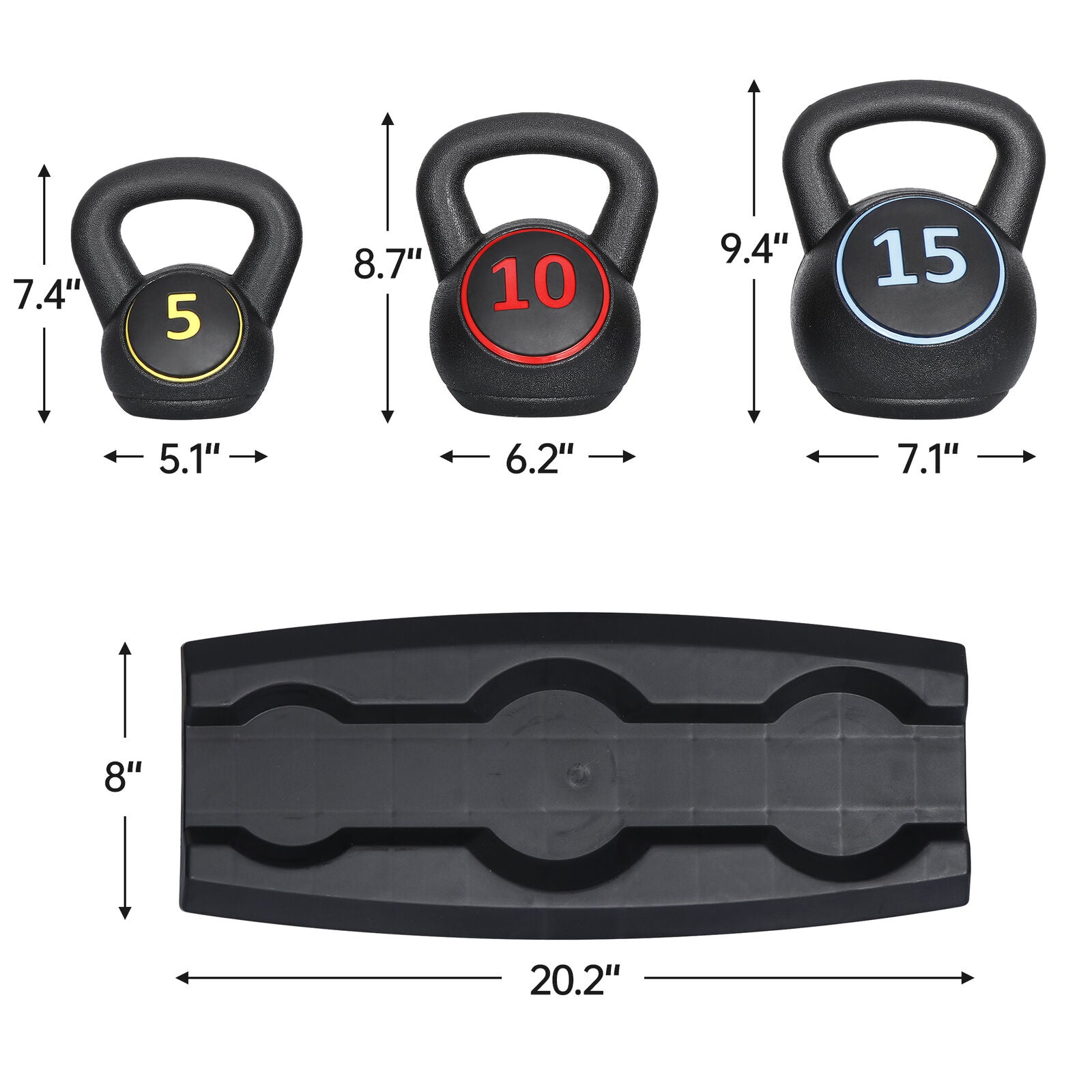 3-Piece Kettlebell Set with Storage Rack 5Lb 10Lb 15Lb Weight for Home Gym