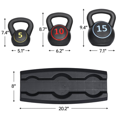 3-Piece Kettlebell Set with Storage Rack 5Lb 10Lb 15Lb Weight for Home Gym