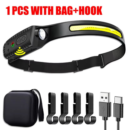 USB Rechargeable LED Sensor Headlamp XPE+COB Headlight Led Head Torch Outdoors Camping Search Light Head Flashlight for Running Walking