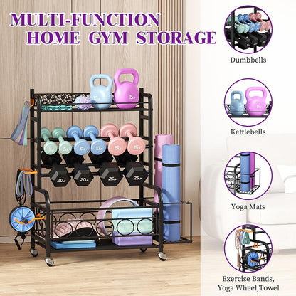 Weight Rack for Dumbbells,Home Gym Storage Rack for Yoga Mat Kettlebells and Strength Training Equipment,Weight Storage Holder Rack for Dumbbells with Wheels Adjustable