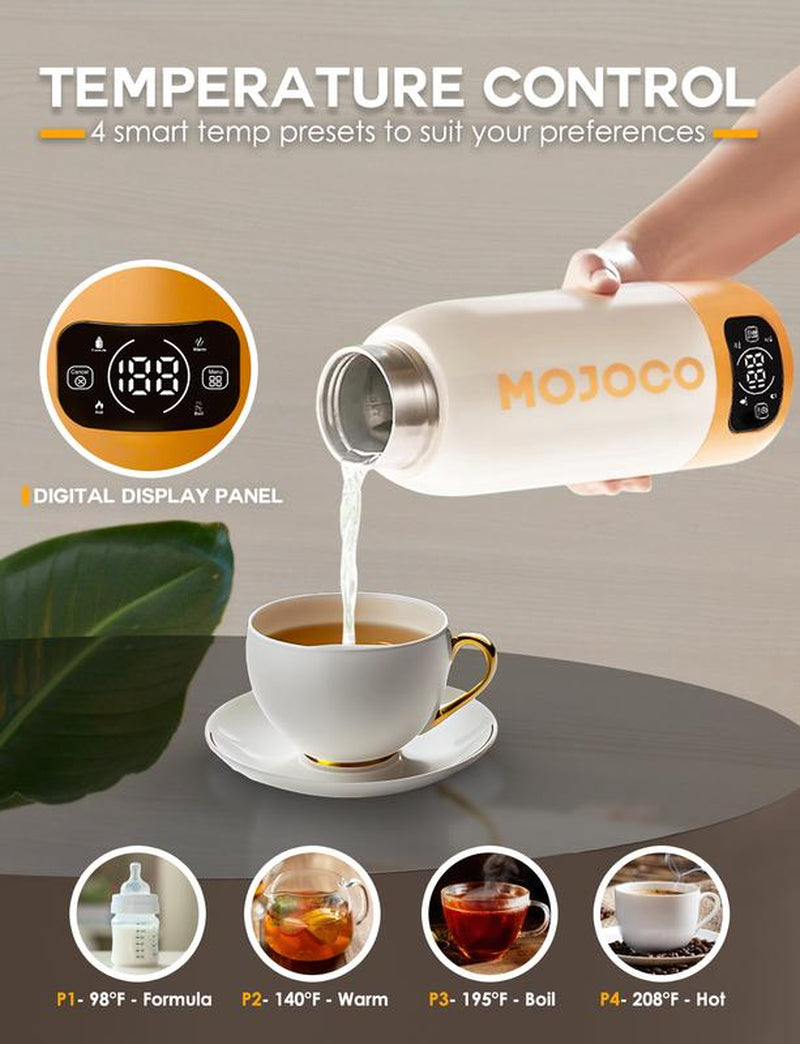 Mojoco 20Oz Portable Electric Kettle – Fast Boil, Leak-Proof, Insulated, Digital Display, 4 Temps for Coffee, Tea, Travel, Home, Office, Camping