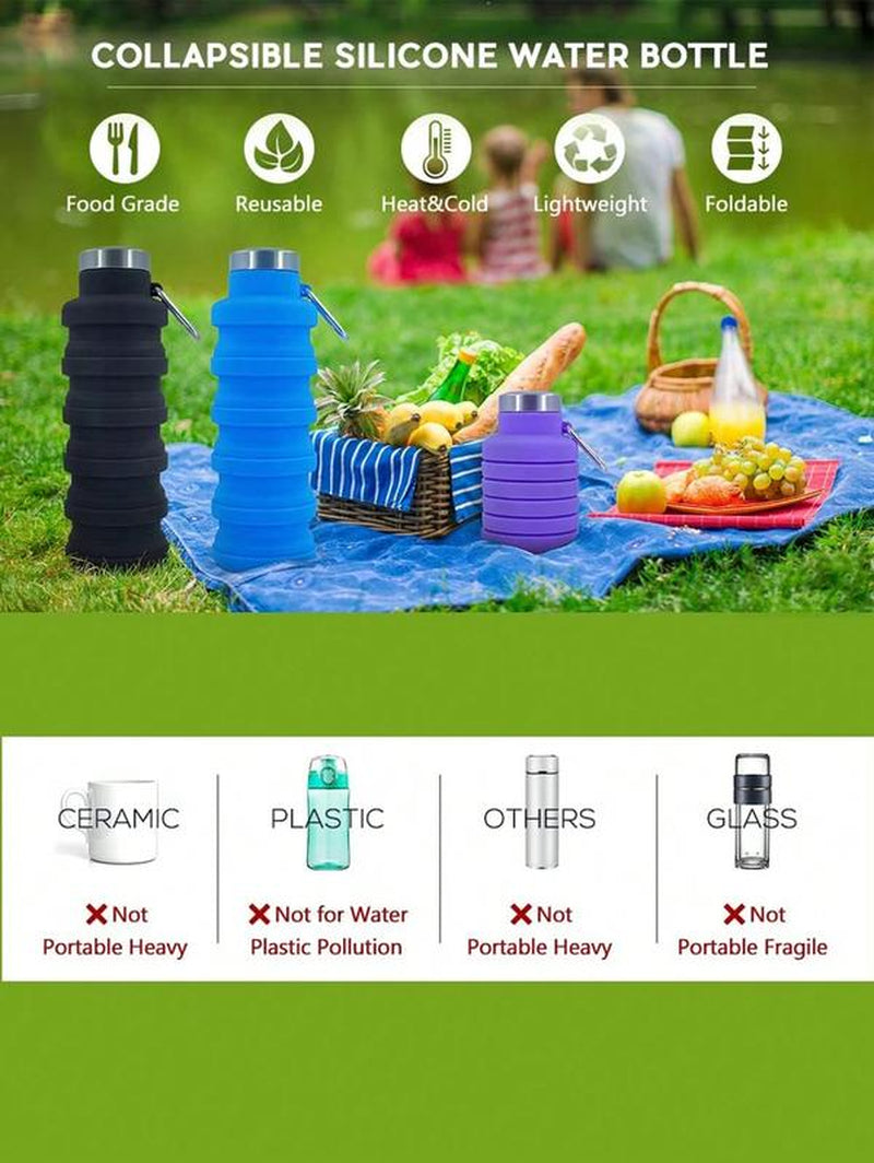 Collapsible Silicone Water Bottle with Carabiner - 17oz Large Capacity Lightweight Drinkware