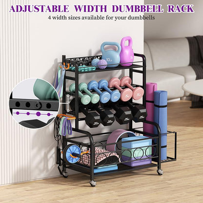 Weight Rack for Dumbbells,Home Gym Storage Rack for Yoga Mat Kettlebells and Strength Training Equipment,Weight Storage Holder Rack for Dumbbells with Wheels Adjustable