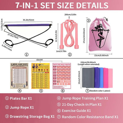 Portable Pilates Bar Kit, 7 Counts/Set Pilates Bar & Jump Rope & Resistance Band & Storage Bag & Training Guide & Training Chart, Multifunctional Home Gym Kit