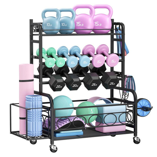 Weight Rack for Dumbbells,Home Gym Storage Rack for Yoga Mat Kettlebells and Strength Training Equipment,Weight Storage Holder Rack for Dumbbells with Wheels Adjustable