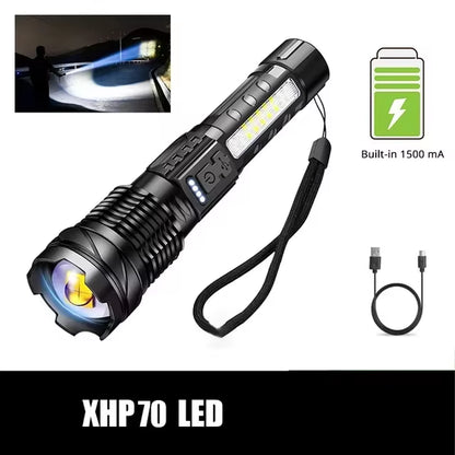 Powerful XHP50 LED Flashlight Waterproof 18650 Torch with Side Light 7 Modes Camping Outdoors Lantern USB Rechargeable Zoom Lamp